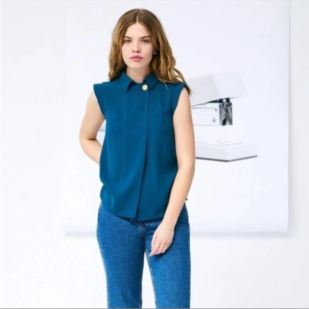 Argent Teal Blue Collared Cap Sleeve Blouse Top Size 8 Office Business Casual